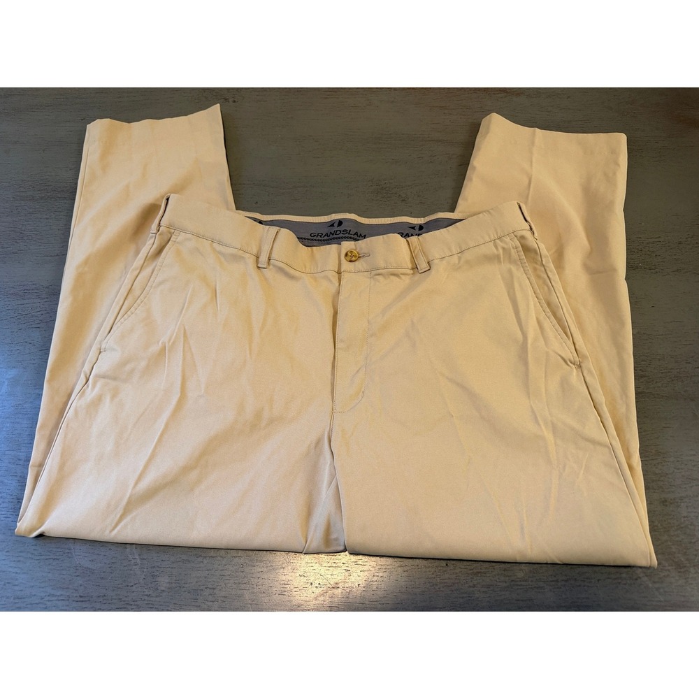 Grand Slam Mens Performance Golf Pants Tan Khaki Chino 36x29 Flat Front Workwear